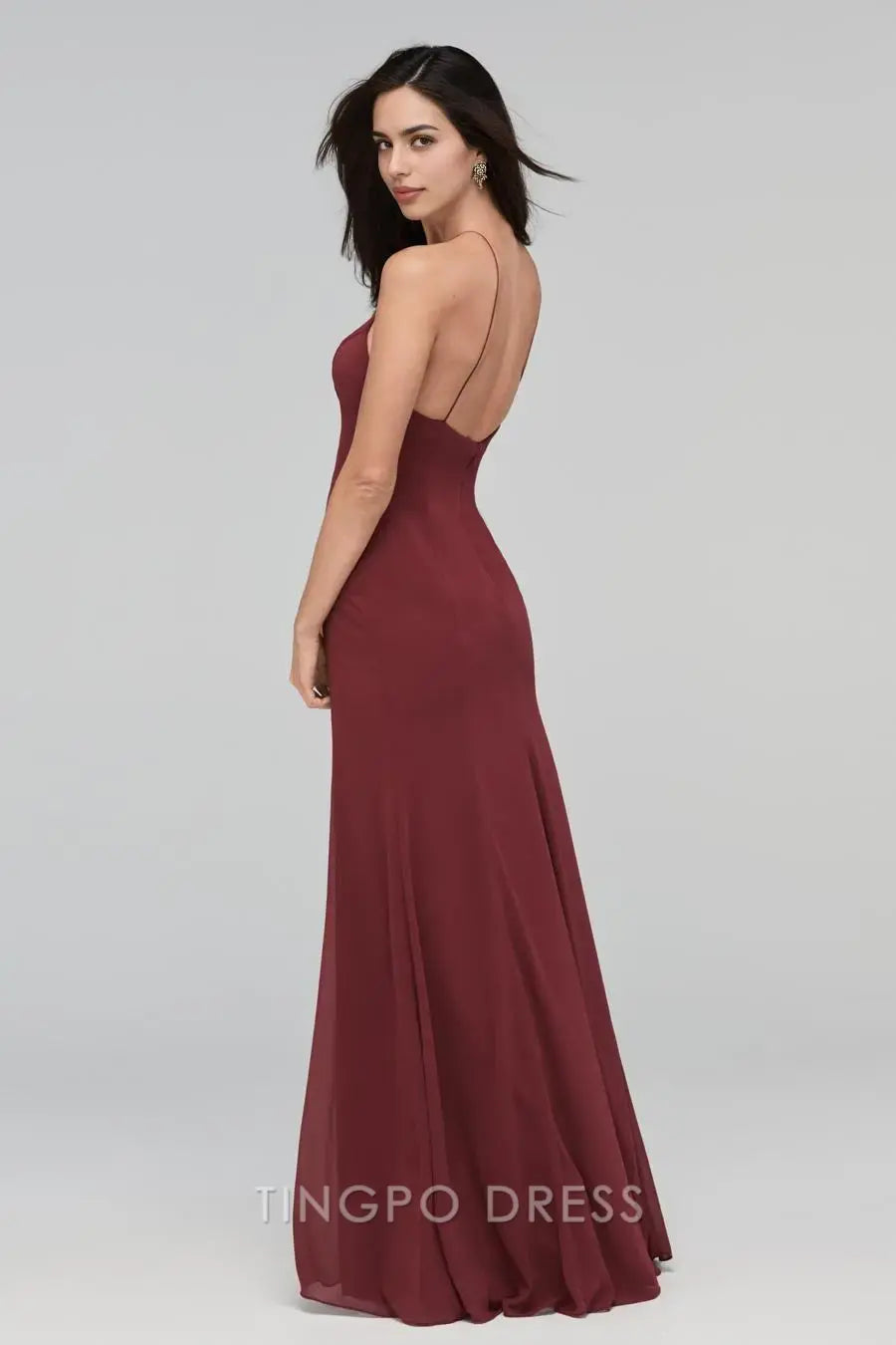 TingPo Wholesale Elegant Burgundy Cross Halter Dress - Open Back Sheath Maxi Evening Gown